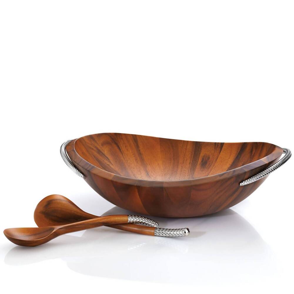 NEW NAMBE braid salad bowl with servers in wood grain